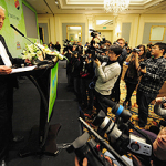 JIMMY PAGE AT BEIJING SHOW OF PEACE PRESS CONFERENCE -UNITED NATIONS AWARD PRESENTED